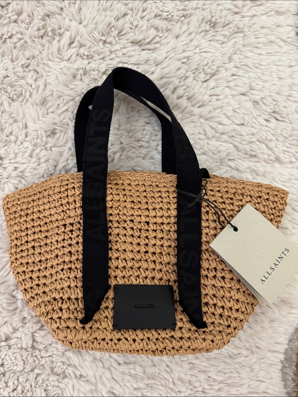 NWT All Saints Natural Straw Celayne Mini Tote with Black Ribbon Straps - Picture 2 of 7